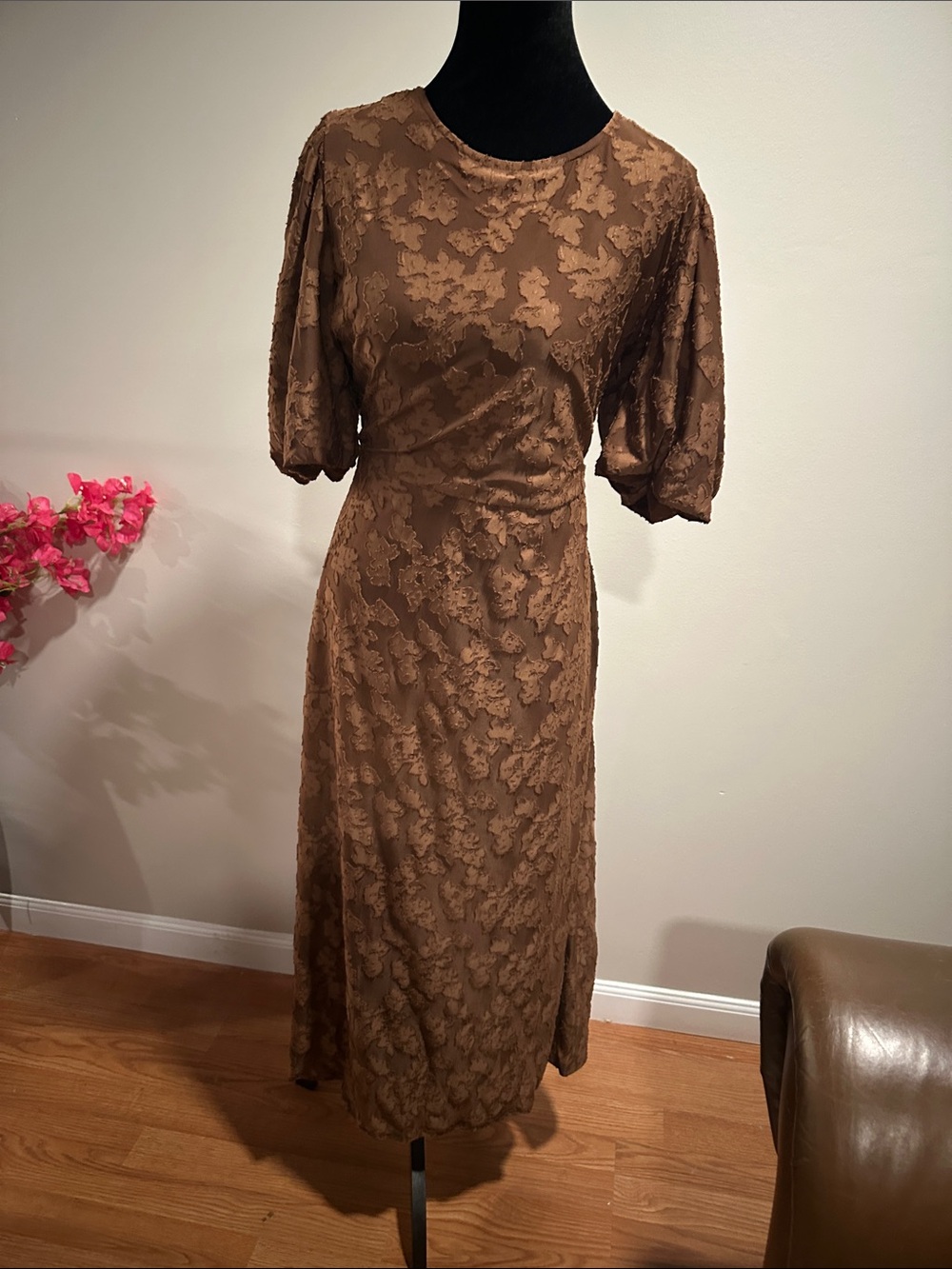 Brown Textured Midi Dress with Puff Sleeves